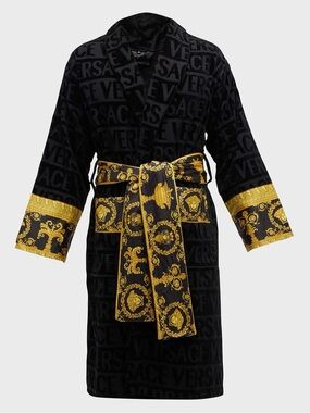 Versace Black and Gold Baroque-Trimmed Logo Robe